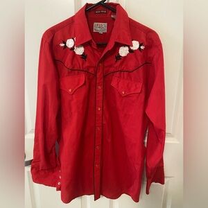 Vintage Ely Cattleman Red Wild Rose Floral Embroidered Shirt Pearl Snap Buttons